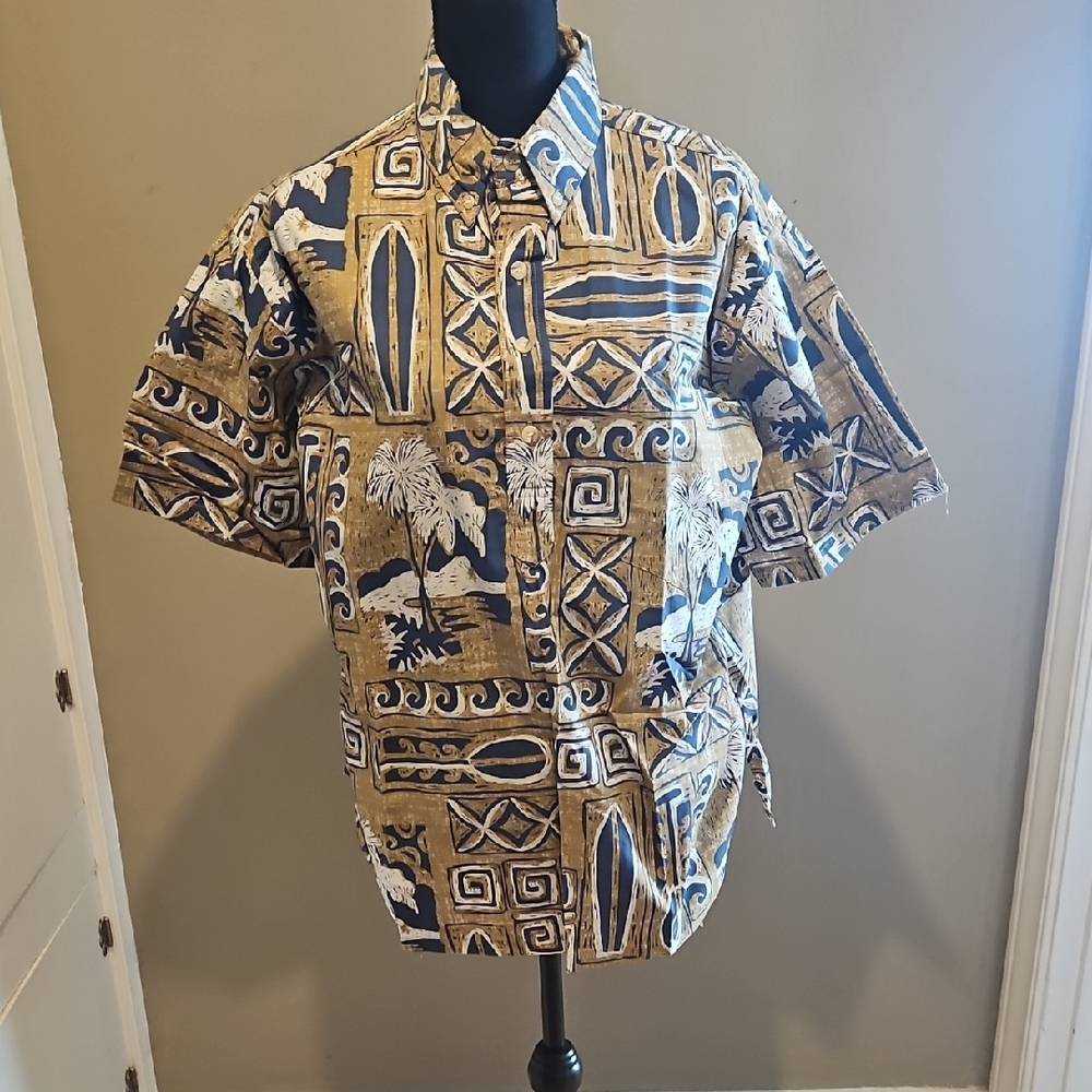 Men's Blue and Tan Patterned Shirt